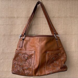 Fossil Brown Leather Flower Design Rivets Studs Shoulder Bag Purse Boho